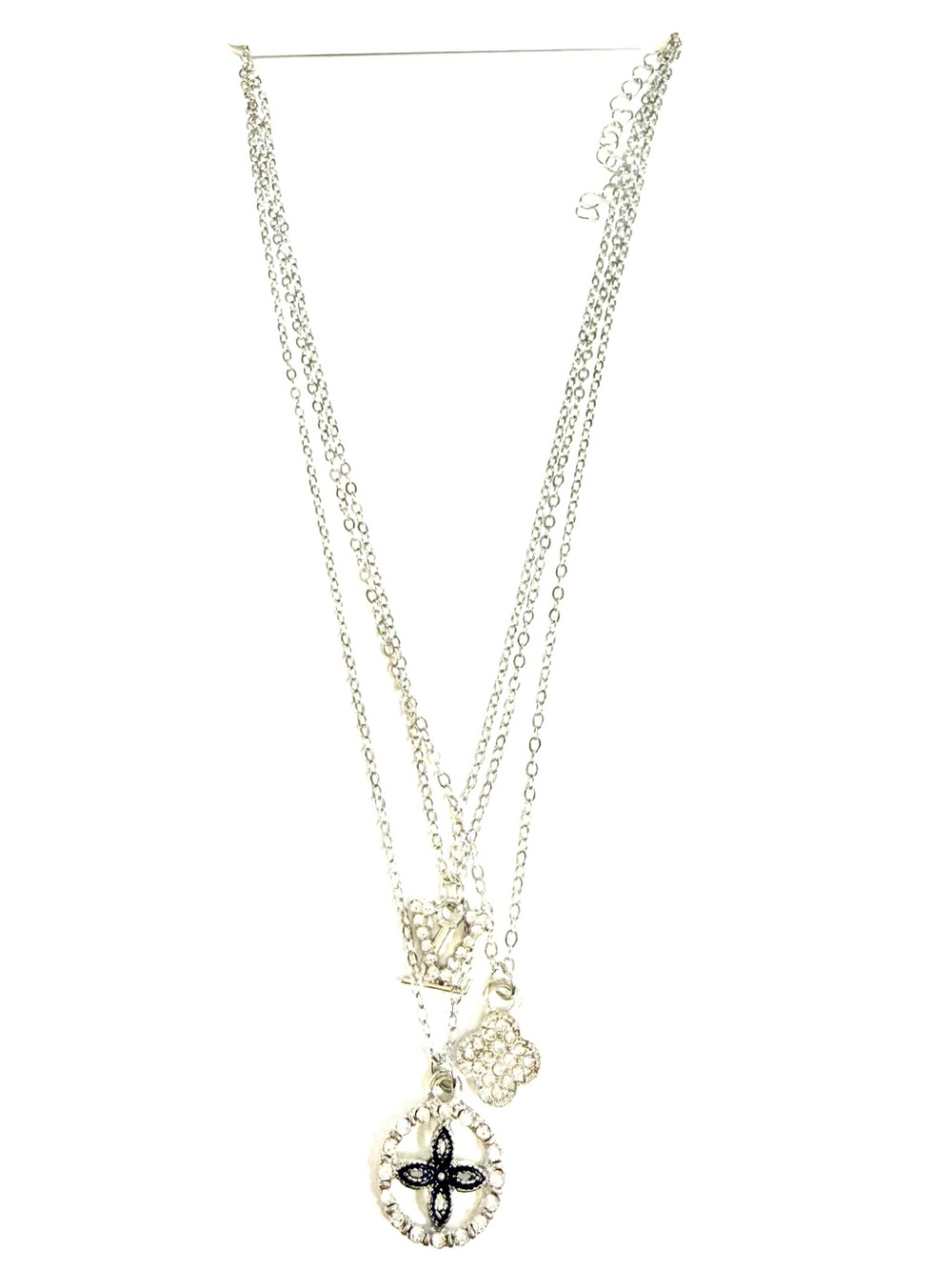 Fashion Jewelry Silver Multi-Layer Pendant Necklace with Clear Accents